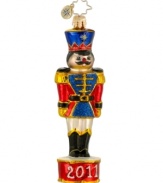 Doing his holiday duty, this colorful Toy Soldier ornament stands on a dated 2011 drum, filling your tree with timeless merriment. Handcrafted by Christopher Radko. (Clearance)