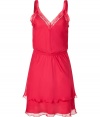 Luxe dress in fine, pure bright pink silk - Incredibly soft, layered fabric drapes beautifully - Slim silhouette with gently gathered waist - Elegant lace trim at v-neck and bodice - Decorative ribbon embellishment at straps - Hook-and-eye closure extends from bustline to hip - Short, ruffle-tiered skirt hits above the knee - Sweet and sexy, ideal for parties and evenings out - Pair with open toe pumps or platform sandals and a clutch