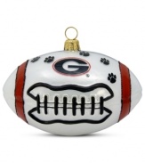 Team and Christmas spirit go hand in hand with the Georgia football ornament. Hand-painted glass is something students, alum and fans will cheer.