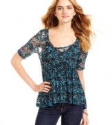 Get your lace fix with Ultra Flirt's colorful babydoll top -- the cutest companion to your jeans and fall boots.