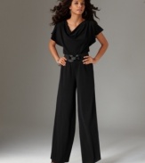 This breezy, well-draped jumpsuit by AGB features a relaxed stretch fit, a tall inseam and a nipped-in belted waist for a feminine silhouette.