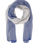 Detailed in cool spring hues, Jil Sanders cotton scarf is a chic way to wear color - Frayed edges - Wrap around a crisp button-down, a slim cut blazer and tailored trousers
