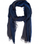 Detailed in tonal shades of navy, Jil Sanders cotton scarf is a chic way to wear color - Frayed edges - Wrap around a crisp button-down, a slim cut blazer and tailored trousers
