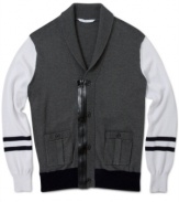 Why not a shawl-collared sweater with a zip up front? Sean John designs a cardigan that mixes the best of both collegiate and street.