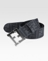 Woven, lasting design with a metallic logo buckle and leather trim. About 1¾ wide Cotton/polyurethane/polyester/leather Made in Italy