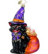 A ferocious black cat works magic on any home, turning cozy to creepy and warm to wicked. Fangs, crescent moons and a bag of too-good-to-be-true treats complete the festive Halloween decoration from Christopher Radko.