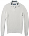 American Rag updates the cotton sweater with a placket that can be buttoned to create a mock turtleneck . . . or left open to show off the contrasting color stripe.