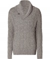 Casual pullover from American casual label Vince - From a pleasant wool-nylon blend - Cool chunky knit, elegant taupe - Modern slim fit with long sleeves - Wide cuffs at the ends of the sleeves and at the waist - Open shawl collar - Very versatile - Perfect with jeans or light pants