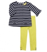 Stripes step up your little fashionista's style in this shirt and leggings set from Carters. Front pockets and bow and button details make this easy outfit a go-to gem.