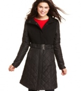 BCX brings chic style to the puffer coat with a belted waist and mixed fabric design.