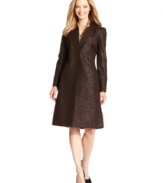 Le Suit offers a new, subtly sophisticated way to way to animal print: a streamlined single-button coat and coordinating pencil skirt both feature tonal zebra-embossed fabric.