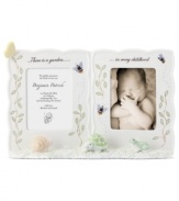 Only the best for baby. This Butterfly Meadow picture frame from Lenox combines the colorful garden motif parents love with cute animal figurines and the phrase, There is a garden... in every childhood.