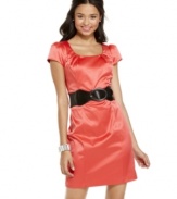 Strike an elegant pose in this formal BCX dress, made adorable with puff sleeves and a wide, removable belt!