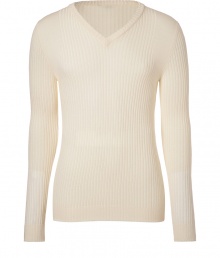 Add a minimalist edge to your contemporary knitwear collection with Jet Sets cool off-white ribbed wool V-neck pullover - Contrast knit at shoulders, flat ribbed trim - Modern slim fit - Wear with everything from jeans and rugged boots to tailored trousers and lace-ups