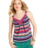 Rock smart color theory in this striped top from Fire! Crochet applique at the neckline adds to the top's pretty design.