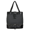Washable coated linen tote with cowhide leather trim. Separate bottom compartment fits a pair of shoes and other travel items. Straps fit over shoulder. Interior organization pockets. Magnetic closure. Lined.