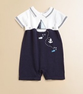 Rendered in plush, cozy cotton, this adorable sailor-inspired one-piece knit will make a splash.Point collarShort sleevesBack buttonsWaistband with button detailBottom snaps for easy on and offCottonMachine washImported Please note: Numbers of buttons and snaps may vary depending on size ordered. 