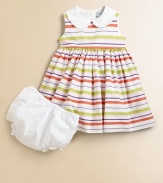 Fresh, fun stripes on crisp cotton in a charming frock for your little fashionista.Contrast Peter Pan collarSleevelessEmpire waist with grosgrain ribbon waistband back tiesBack buttonsFull skirtSolid bloomers with elasticized waist and leg openingsCotton liningCottonMachine washImported Please note: Number of buttons may vary depending on size ordered. 