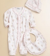 Three-piece gift set features an allover printed snap closure footie, matching hat and ruffled bib for a cozy look. Front snap closureLong sleevesSnap bottomRuffle trimPima CottonMachine washImported