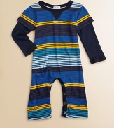 The ultra-cool layered look gives your little guy urban chic, with long solid sleeves peeking out from short striped ones.Ribbed solid crewneck with V insetLong layered-look sleevesSnap legsCotton/modalMachine washImported Please note: Number of snaps may vary depending on size ordered. 