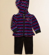 The velour hoodie that started a mini fashion revolution is paired with a pair of matching leggings for a cozy, cool ensemble. Hoodie Attached hoodLong sleevesZip-frontRuffled hemLeggings Elastic waistbandHoodie: 78% cotton/22% polyesterLeggings: CottonMachine washImported