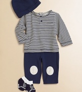 Four-piece gift set includes one striped Henley top, matching pants with knee patches, cozy hat with elastic brim and socks. Shirt CrewneckLong sleevesBack snapsPatch pocket Pants Elastic waistbandCottonMachine washImported Please note: Number of buttons may vary depending on size ordered. 