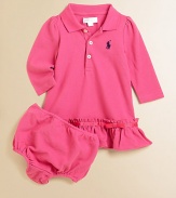 A classic polo dress in lightweight cotton is accented with pretty puffed sleeves, a ruffled hem in an A-line silhouette.Ribbed polo collarLong sleevesButton-frontDrop-waist silhouetteRuffled hemCottonMachine washImported Please note: Number of buttons may vary depending on size ordered. 