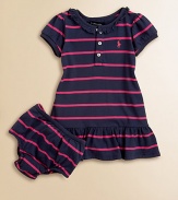 A boldly striped cotton frock is designed with a ruffled neckline, a pretty flared skirt and matching bloomers.Ruffled crewneckShort puffed sleevesButton frontDrop-waistRuffled hemCottonMachine washImported Please note: Number of buttons may vary depending on size ordered. 