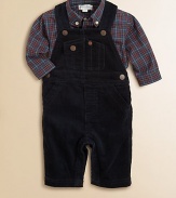 This essential set pairs a versatile corduroy overall with a preppy plaid button-down. Shirt Straight point, button-down collarLong sleeves with barrel cuffsButton-front Overall Adjustable shoulder strapsFront snapsSide snapsAngled hand pocketsSnap-flap coin pocketBack patch pocketsCottonMachine washImported Please note: Number of buttons may vary depending on size ordered. 