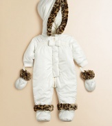 Keep baby safe from the elements and extra toasty in this pearlized nylon ripstop snowsuit with snap-off hood, mittens and booties featuring faux fur trim.Zip-off hood with faux fur trimStand collarLong sleeves with snap-off mittensPartially concealed zip-front and backRibbed cuffs and hemSnap-off booties with faux fur trimFully linedNylonMachine washImported Please note: Number of snaps may vary depending on size ordered. 