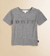 The bold Burberry Brit logo is splashed across the front of a heathery cotton tee, the embroidered letters with the sporty texture of woven rope.CrewneckShort sleevesPullover style with shoulder buttonsCottonMachine washImported