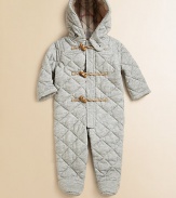 Snuggle-into warmth joins Burberry style in a cozy one-piece of soft, quilted jersey to keep your little one warm from head to toe.Hood with button neck tabStand collarHidden front zipper under toggle-and-rope placketCheck liningCottonMachine washImportedAdditional InformationKid's Apparel Size Guide 