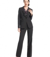 Nine West adds a feminine ruffled collar to this sophisticated pant suit. Heighten the effect with a colorful shell or shirt.