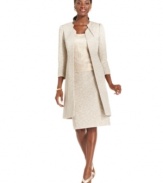 Make this occasion truly special with Tahari by ASL's three-piece skirt suit. The metallic-flecked tweed fabric of the elongated jacket and skirt offset the textured lace shell to maximum effect.