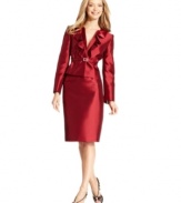 Make it an occasion to remember with Kasper's chic satin skirt suit. Feminine ruffles and a diamante-buckled skinny belt create a luxe look.