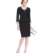Organza trim updates Le Suit's elegant ensemble. The jacket's pleated peplum hem gives this look an on-trend touch, too.