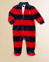 A comfortable footed coverall in plush velour features a preppy rugby stripe and collar for a timeless sporty look.Twill rugby collarLong sleevesButton-frontBottom snapsCotton/PolyesterMachine washImported Please note: Number of buttons/snaps may vary depending on size ordered. 
