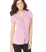Mix it up with this petite top by NY Collection, designed with a front placket full of fashionable ruffled and pleated details. (Clearance)