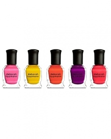 This set includes a range of juicy, bright neon lacquers that complement each other perfectly, so Deborah Lippmann loves the idea of mixing and matching the shades on your fingers and toes. Try wearing a different color on each nail, or paint all of your fingers one shade and keep the ring fingers contrasting. You can create a variety of looks and it's a great way to get into the nail art trend – so don't be intimidated, anything goes! Each of these shades has a modern demi matte finish, which I love. You can keep the texture by using my Flat Top, matte top coat, or top the color with On A Clear Day to add gloss. Your options are endless.Set includes I Kissed A Girl, It Girl, Hollaback Girl, Nasty Girl, Party Girl. Five bottles at 8mL. This set includes a range of juicy, bright neon lacquers that complement each other perfectly, so Deborah Lippmann loves the idea of mixing and matching the shades on your fingers and toes. Try wearing a different color on each nail, or paint all of your fingers one shade and keep the ring fingers contrasting. You can create a variety of looks and it's a great way to get into the nail art trend – so don't be intimidated, anything goes! Each of these shades has a modern demi matte finish, which I love. You can keep the texture by using my Flat Top, matte top coat, or top the color with On A Clear Day to add gloss. Your options are endless.Set includes I Kissed A Girl, It Girl, Hollaback Girl, Nasty Girl, Party Girl. Five bottles at 8mL.