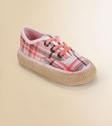 This bright plaid design has a lace-up look but slips on with ease, plus rustic espadrille-look trim.Cotton canvas upperFaux lace-up front with elastic lacesLeather liningLeather sole with jute trimImported