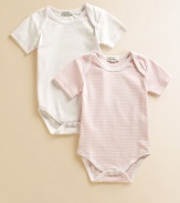 Comfy baby basics in soft cotton knit, offering one striped and one solid design.Envelope shoulders for easy on and off Short sleeves Snap bottom Cotton; machine wash Imported