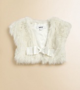 Add instant glamorous appeal to any style with this playful faux fur shrug complete with a satin bow accent.Faux fur designV-neckCap sleevesBow accentFront snap closurePolyester/acrylic/modacrylicMachine washImported