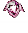 Add a rich pop of graphic color to any ensemble with Puccis fuchsia and grey printed silk foulard - Warm and vibrant in shades of red, purple and pink - Quintessentially Pucci geometric trim with black piping -  Perennially elegant triangular style ideal for knotting around the neck - Pair with everything from a t-shirt and leather jacket or a cashmere pullover to a solid knit dress and blazer