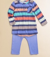 Bright stripes in a soft henley style, delightfully paired with solid leggings.Round necklineButton placketOne patch chest pocketLong sleevesShirttail hemLeggings with elasticized waist47% cotton/47% modal/6% spandexMachine washImported Please note: Number of buttons may vary depending on size ordered. 