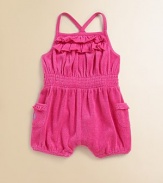 A warm-weather-ready romper crafted from soft terry cloth features jersey-knit ruffles along the neck, a smocked waistline and petite patch pockets embroidered with a signature pony.Square neck with double-tiered ruffle trimCrisscross shoulder strapsHidden bottom snaps for easy on and offPatch pockets with ruffle trimSmocked waistlineElastic hem49% cotton/33% modal/18% polyesterMachine washImported