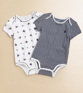 A pack of two adorable bodysuits rendered in ultra-soft printed cotton jersey.Envelope necklineShort sleevesBottom snapsPrinted tag to prevent skin irritationCottonMachine washImported Please note: Number of snaps may vary depending on size ordered. 