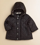 Quilted topper with zip-off, check-lined hood for two cool looks in one.Point collar Hidden front zipper with snap closure Zipper pockets Fully lined Nylon Machine wash Imported