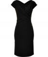 Work a note of hard-edge elegance into your Little Black Dress collection with Moschinos zipper-detailed cap sleeve sheath - Wrapped V-neckline, cap sleeves, side zipper detail, exposed metal back zip - Form-fitting - Wear with statement heels and a box clutch to cocktails