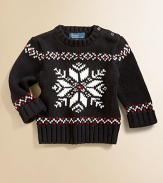 An intarsia-knit snowflake design adorns this timeless crewneck sweater for heritage style.Ribbed crewneckLong sleeves with turn-back cuffsShoulder buttonsCottonMachine washImported Please note: Number of buttons may vary depending on size ordered. 