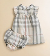 Dress your little girl in elegant, subdued checks with an Empire waist, ruffle trim and matching bloomers.Peter Pan collar Decorative front buttons Sleeveless with ruffle trim Back button closure Bloomers have elastic waist and leg openings Cotton Machine wash Imported Please note: Number of buttons may vary depending on size ordered. 